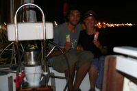 Celebrating our first succesful boat hitch-hiking